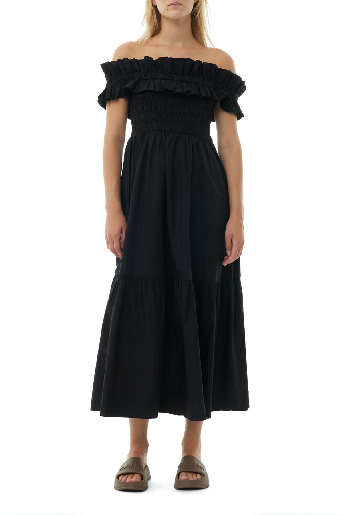 Cotton Poplin Long Smock Dress in Black - shop - olivia.com