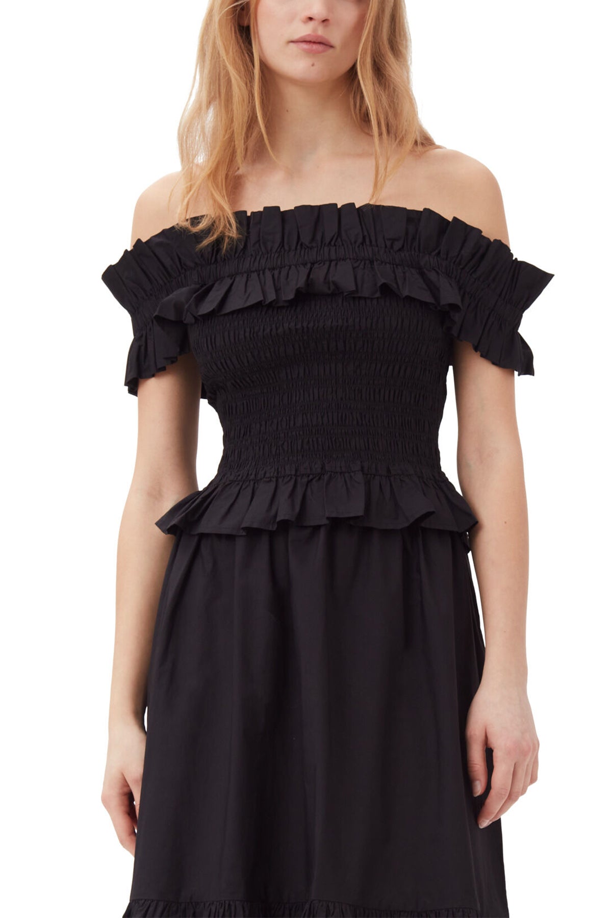 Cotton Poplin Off - Shoulder Smock Top in Black - shop - olivia.com