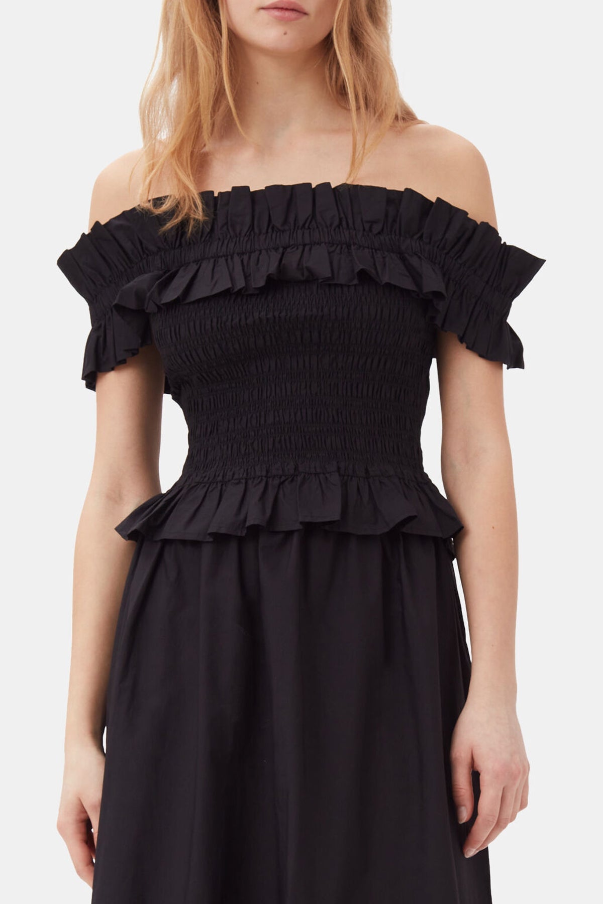 Cotton Poplin Off - Shoulder Smock Top in Black - shop - olivia.com