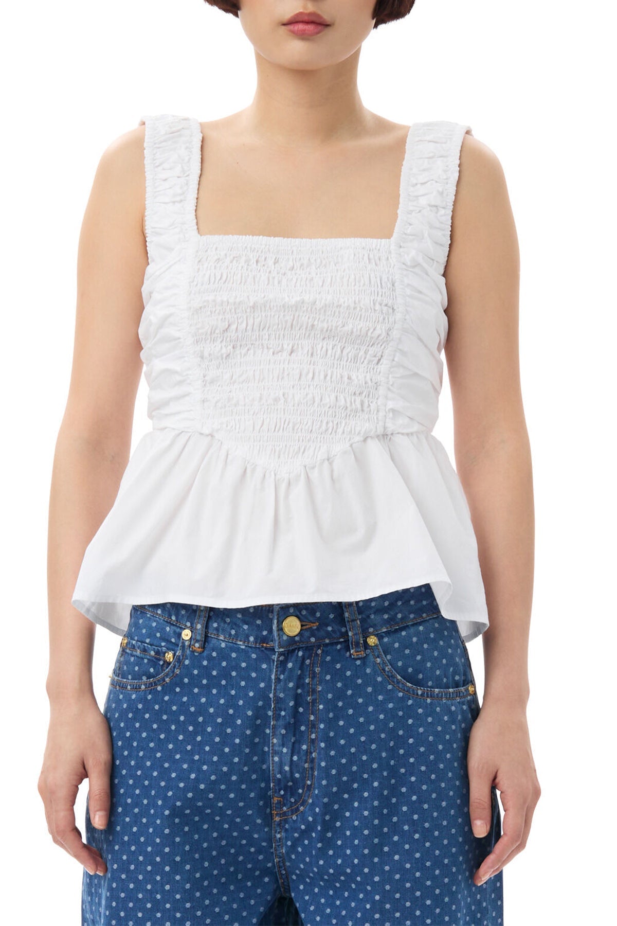 Cotton Poplin Smock Strap Blouse in Bright White - shop - olivia.com