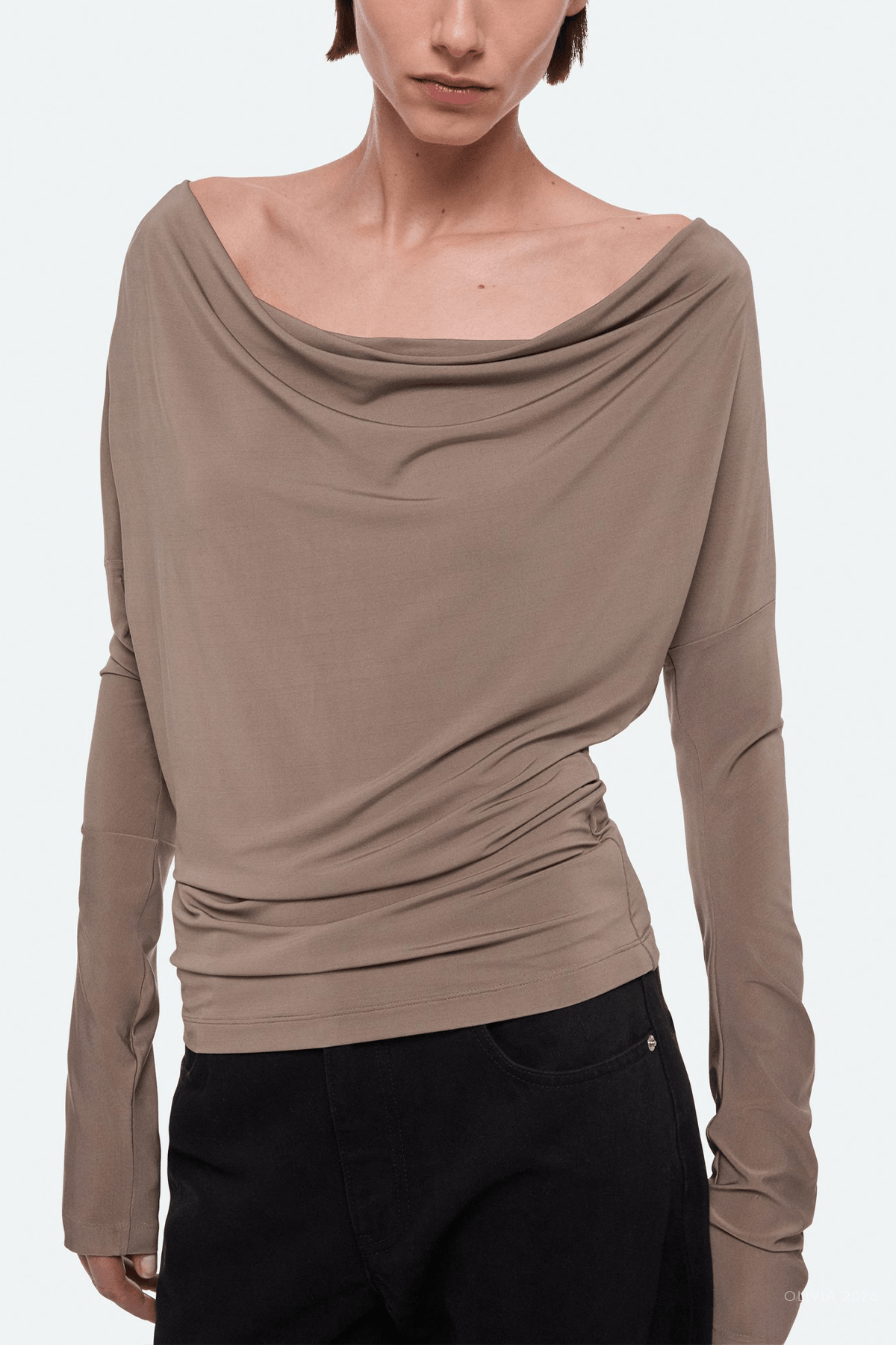 Cowl Long-Sleeve Top in Fallen Rock - shop-olivia.com