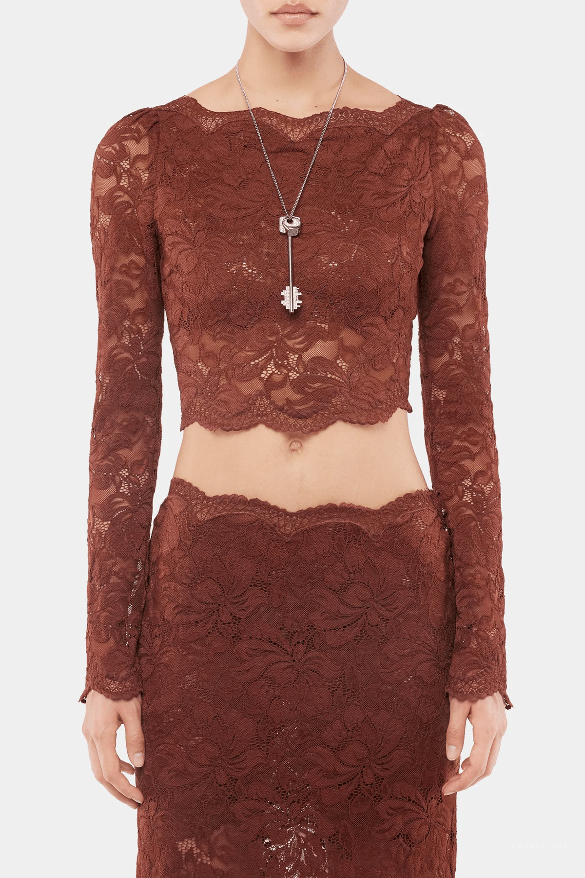 Cropped Lace Top in Cinnamon Brown - shop - olivia.com