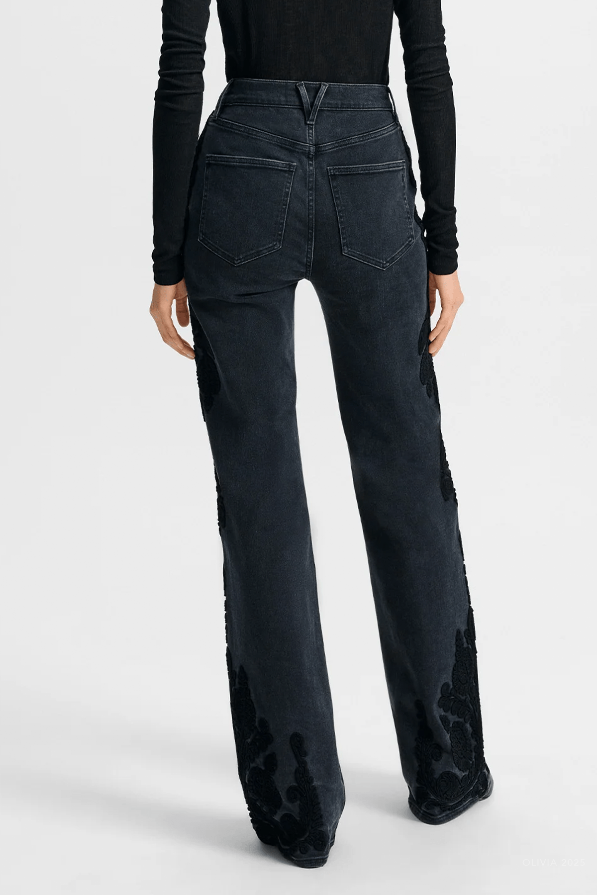 Crosbie Embroidered Slim Wide - Leg Jean in Washed Onyx - shop - olivia.com