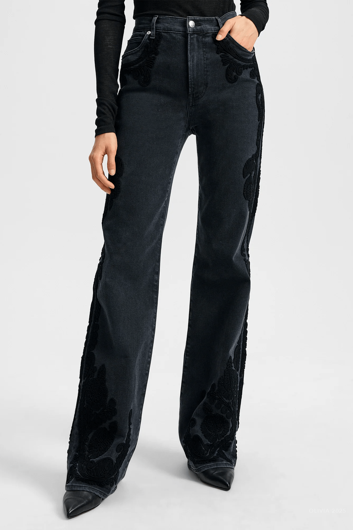 Crosbie Embroidered Slim Wide - Leg Jean in Washed Onyx - shop - olivia.com