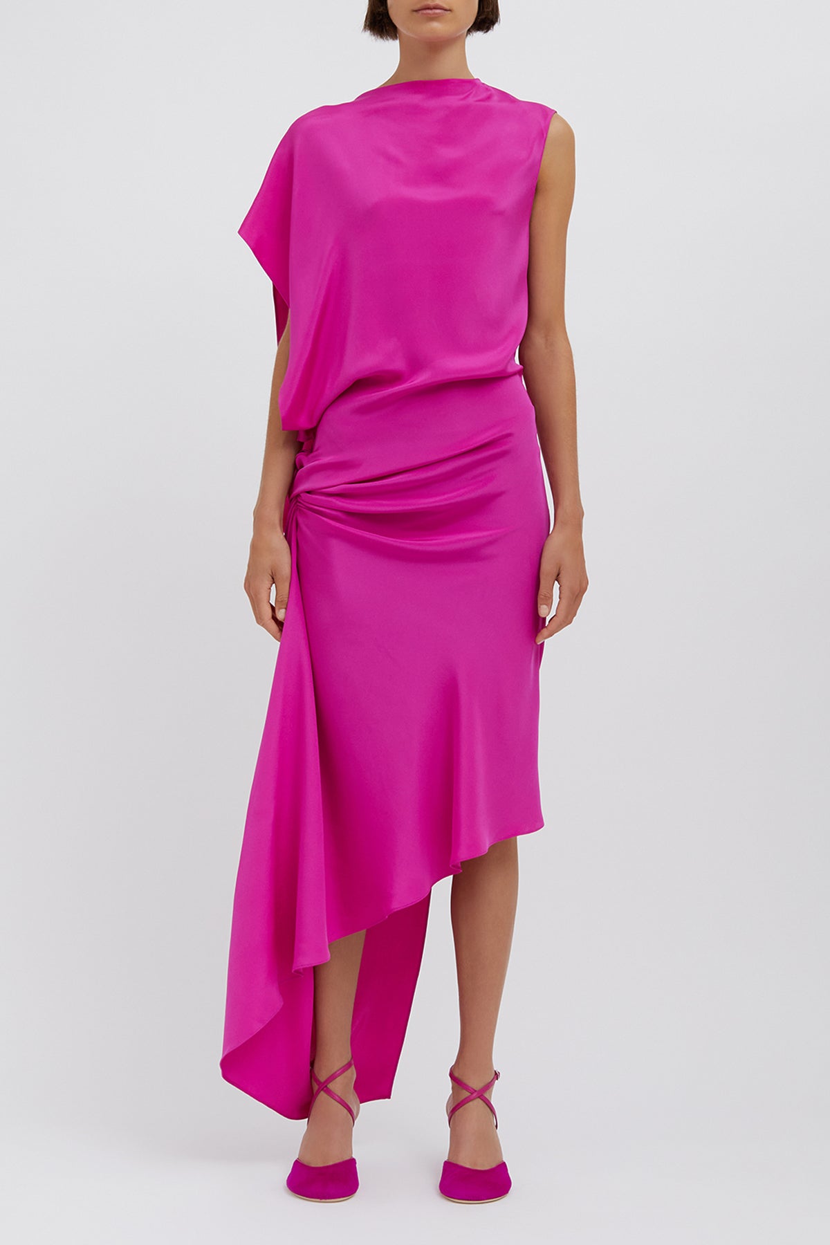 Cusco Silk Drape Midi Dress in Rhodamine Pink - shop - olivia.com