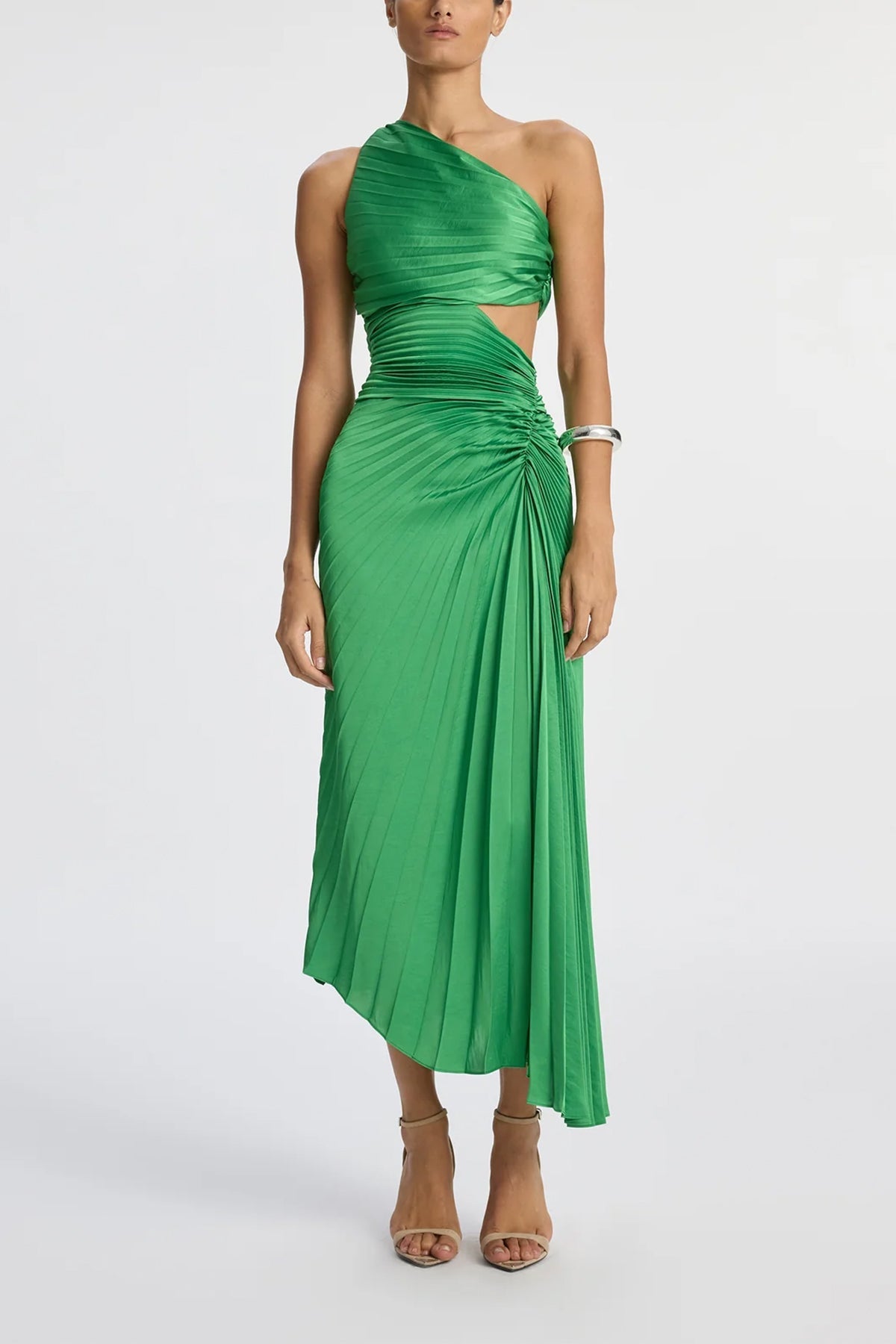 Dahlia Satin Pleated Dress in Basil - shop-olivia.com