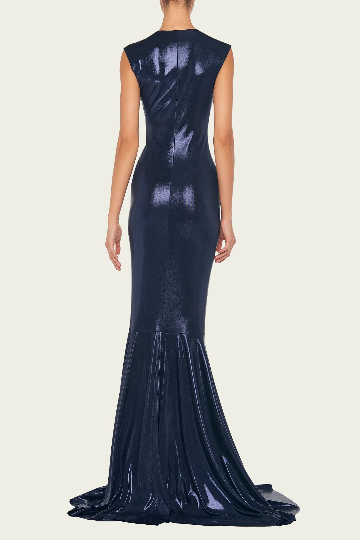 Deep V-Neck Shirred Fishtail Gown in True Navy - shop-olivia.com