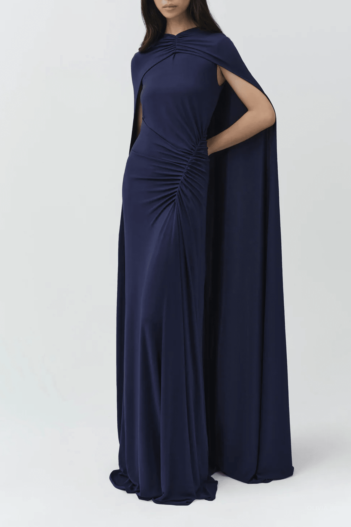 Demi Draped Jersey Cape Gown in Midnight - shop-olivia.com