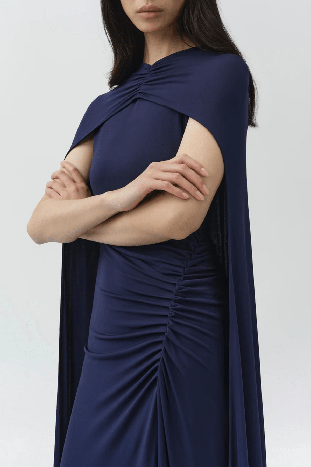 Demi Draped Jersey Cape Gown in Midnight - shop-olivia.com
