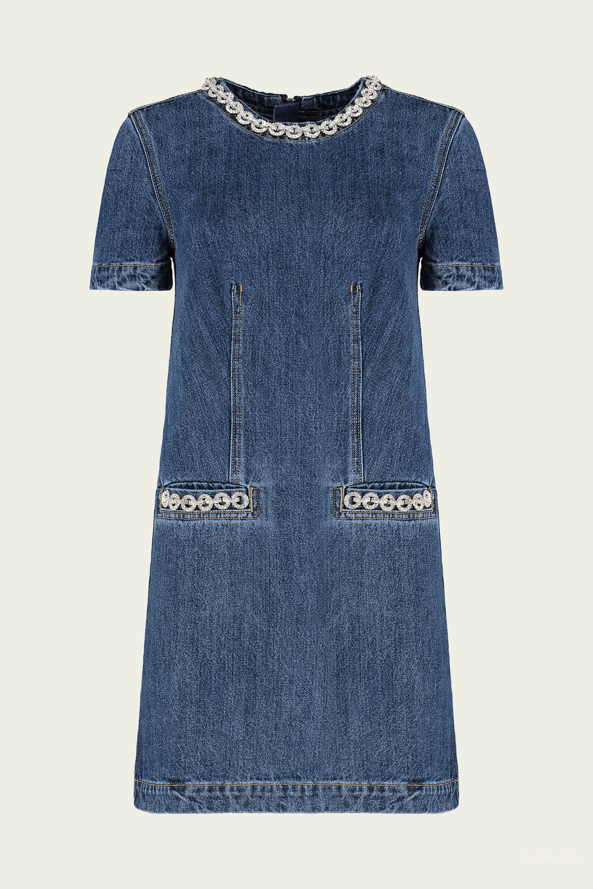 Denim Crystal Trim Mini Dress - shop - olivia.com
