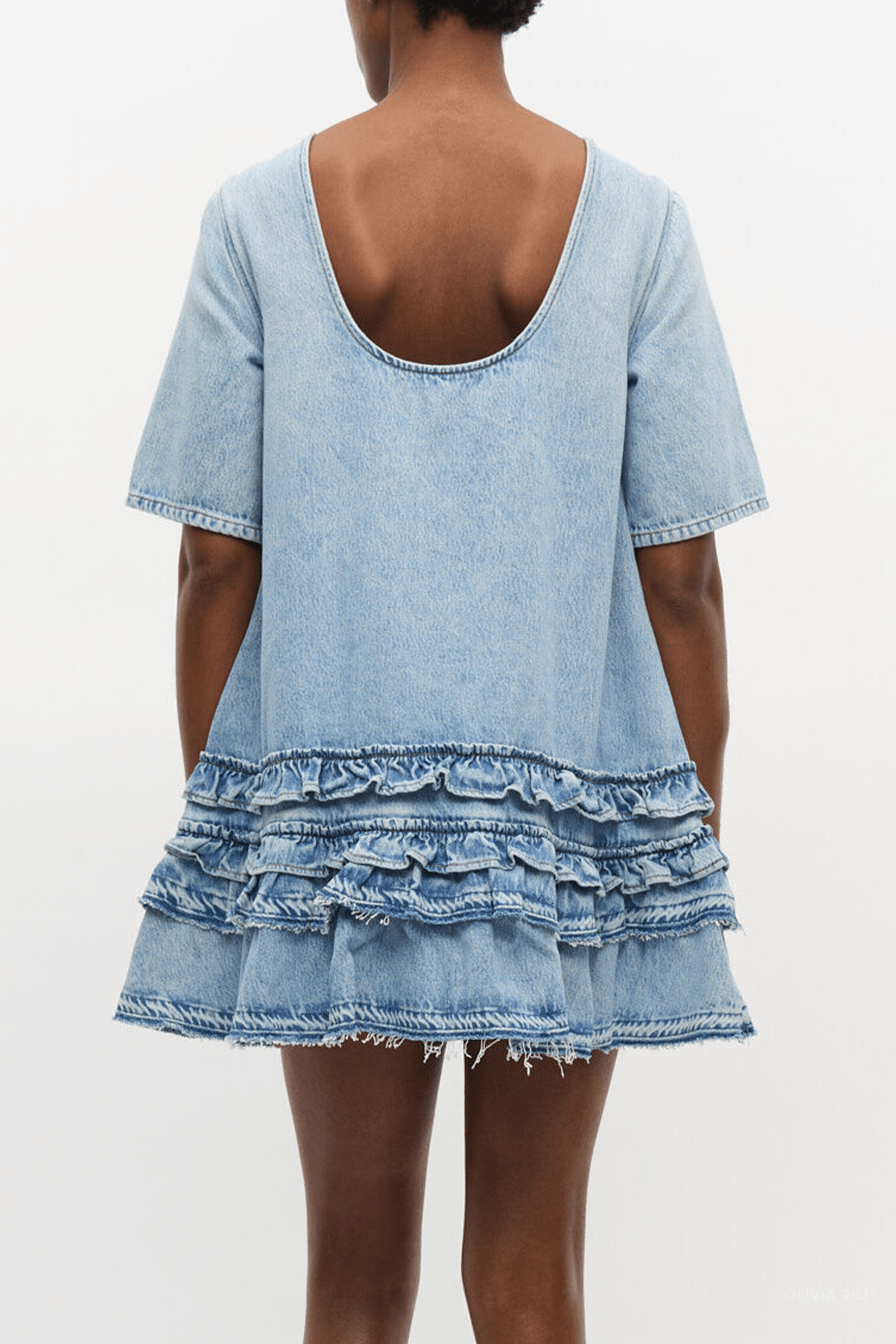 Denim Frill Mini Dress in Light Blue Stone - shop - olivia.com