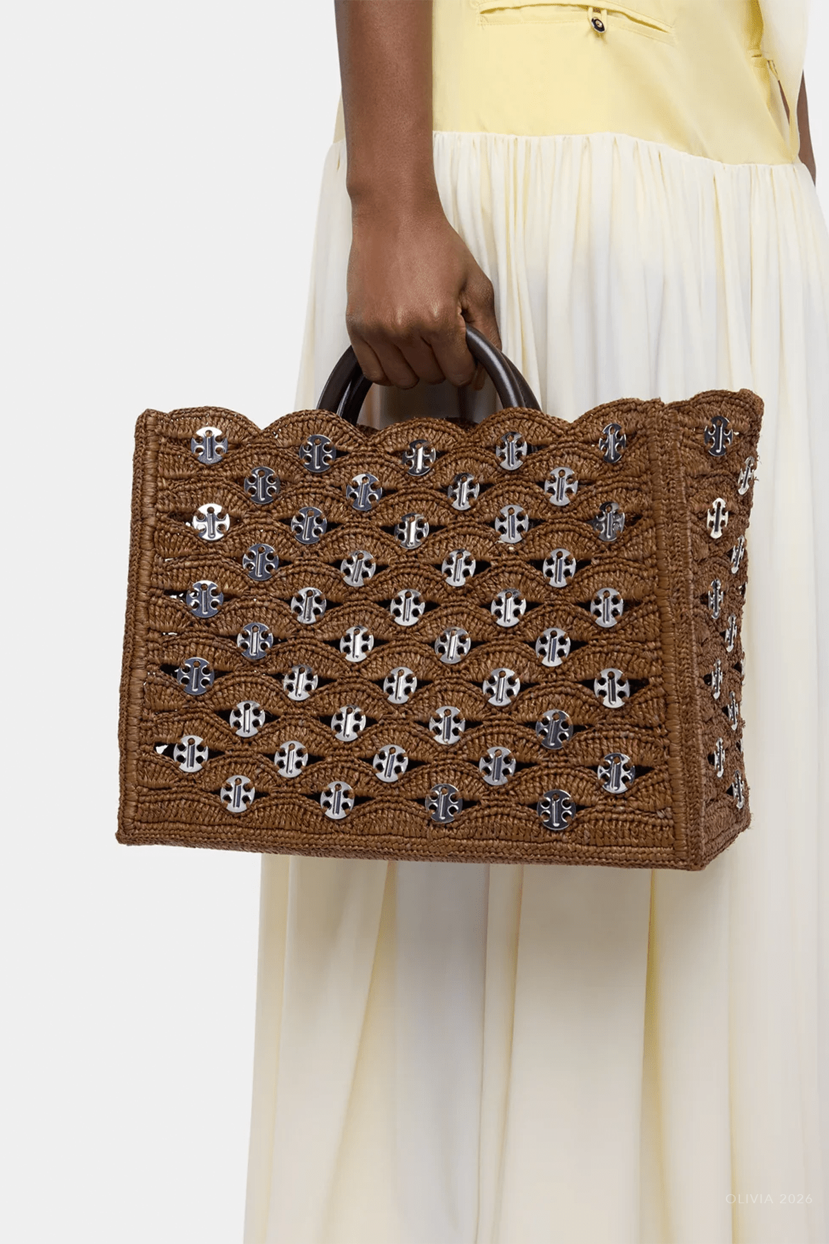 Disc-Link Raffia Tote Bag in Brown Silver - shop-olivia.com