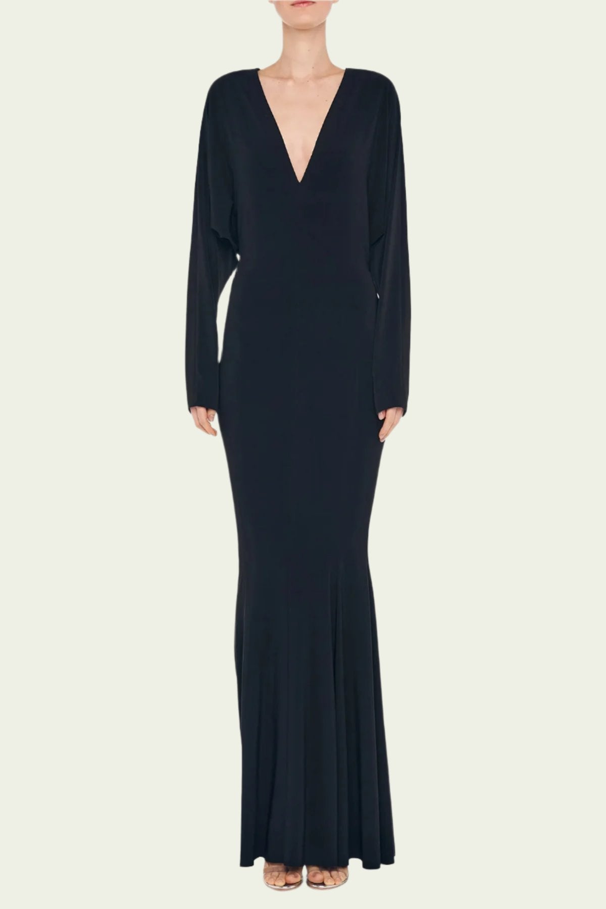 Dolman V Neck Fishtail Gown in Black - shop - olivia.com