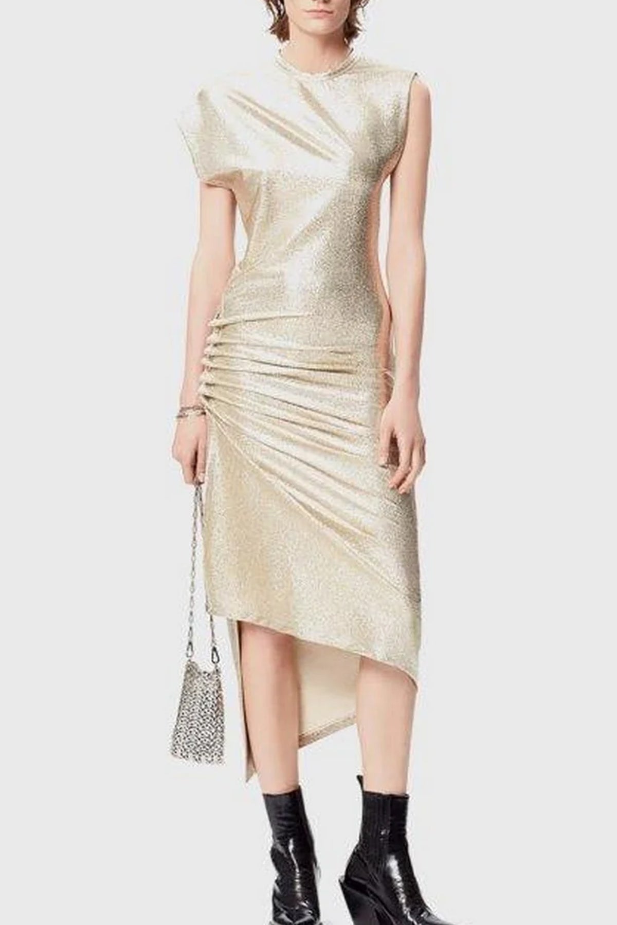 Drapé Pression Lurex Dress in Gold - shop - olivia.com