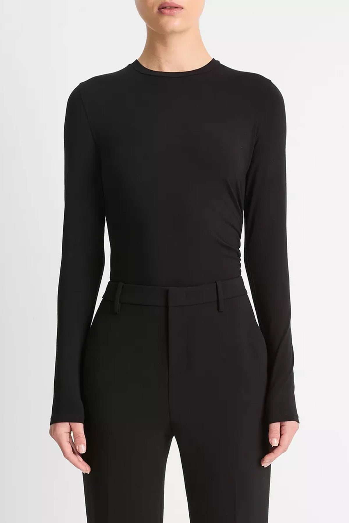 Draped Long - Sleeve Crew Neck Top in Black - shop - olivia.com