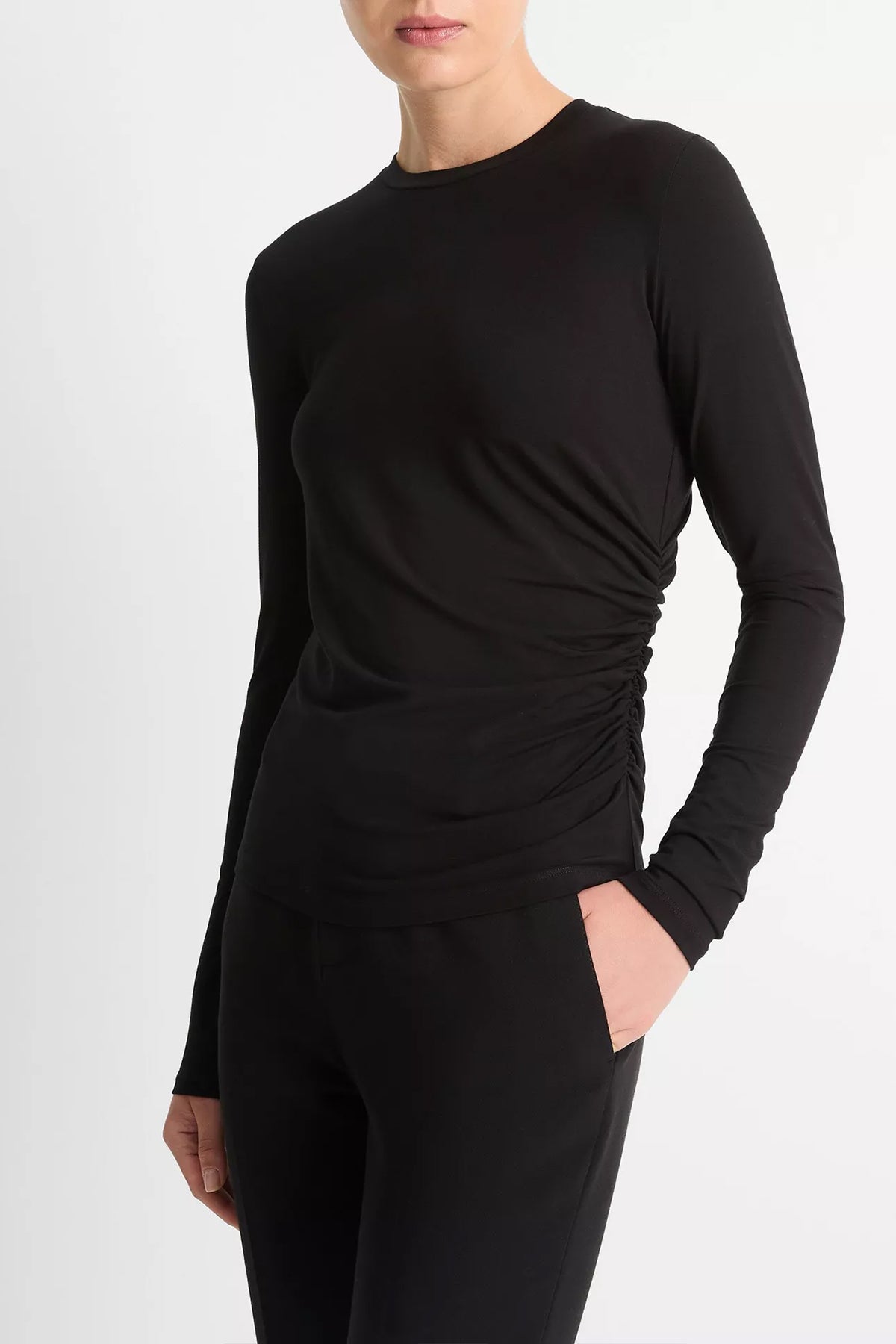 Draped Long - Sleeve Crew Neck Top in Black - shop - olivia.com