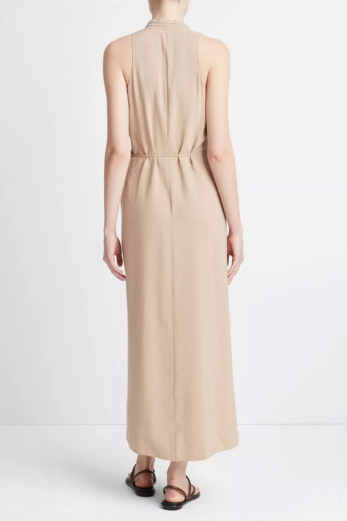 Draped-Neck Wrap Dress in Pale Wheat - shop-olivia.com