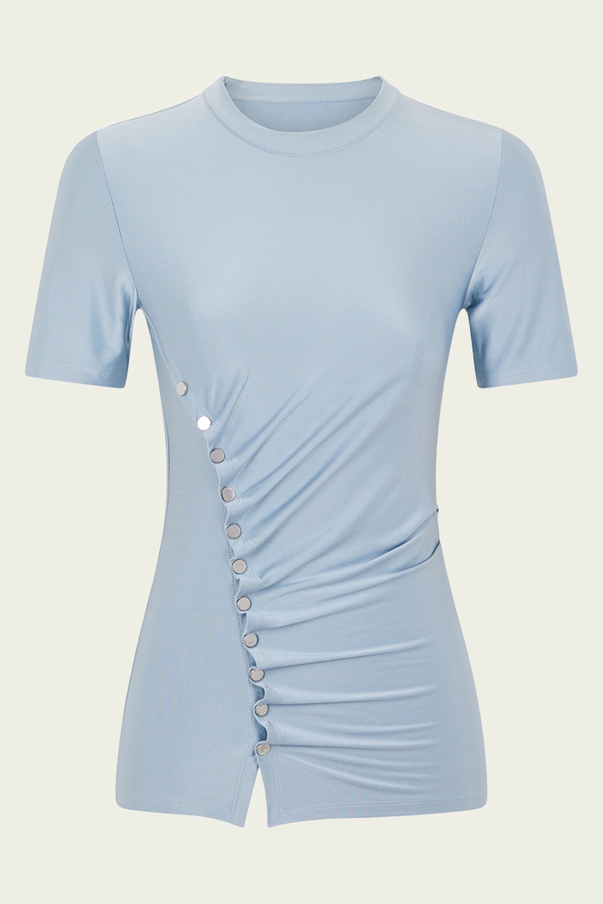 Draped Short-Sleeve Button Top in Faded Blue - shop-olivia.com