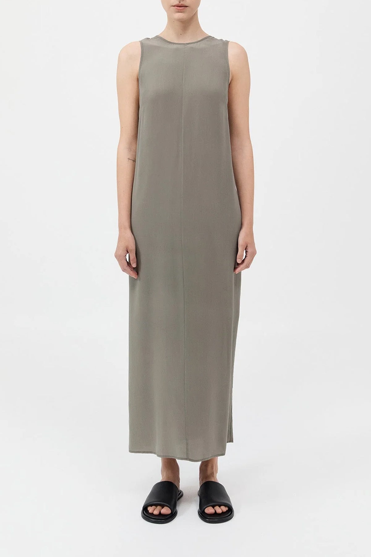 Drawstring Silk Dress in Smokey Olive - shop - olivia.com