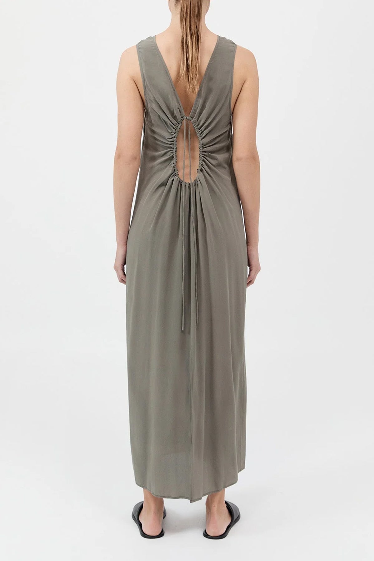 Drawstring Silk Dress in Smokey Olive - shop - olivia.com