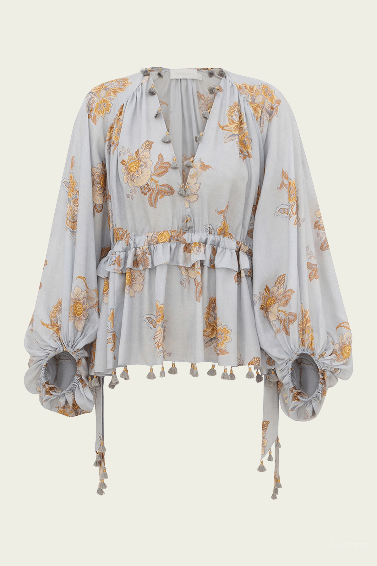 Echo Tassel Billow Blouse in Blue Jacobean Paisley - shop-olivia.com