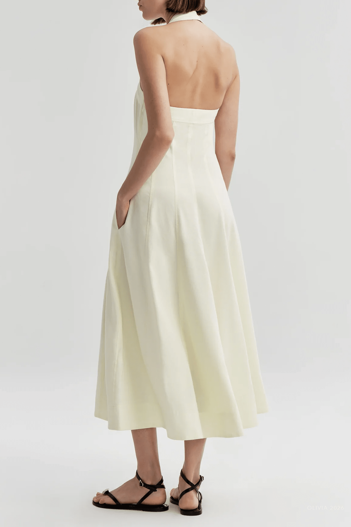Elinor Linen Midi Halter Dress in Light Canary - shop-olivia.com