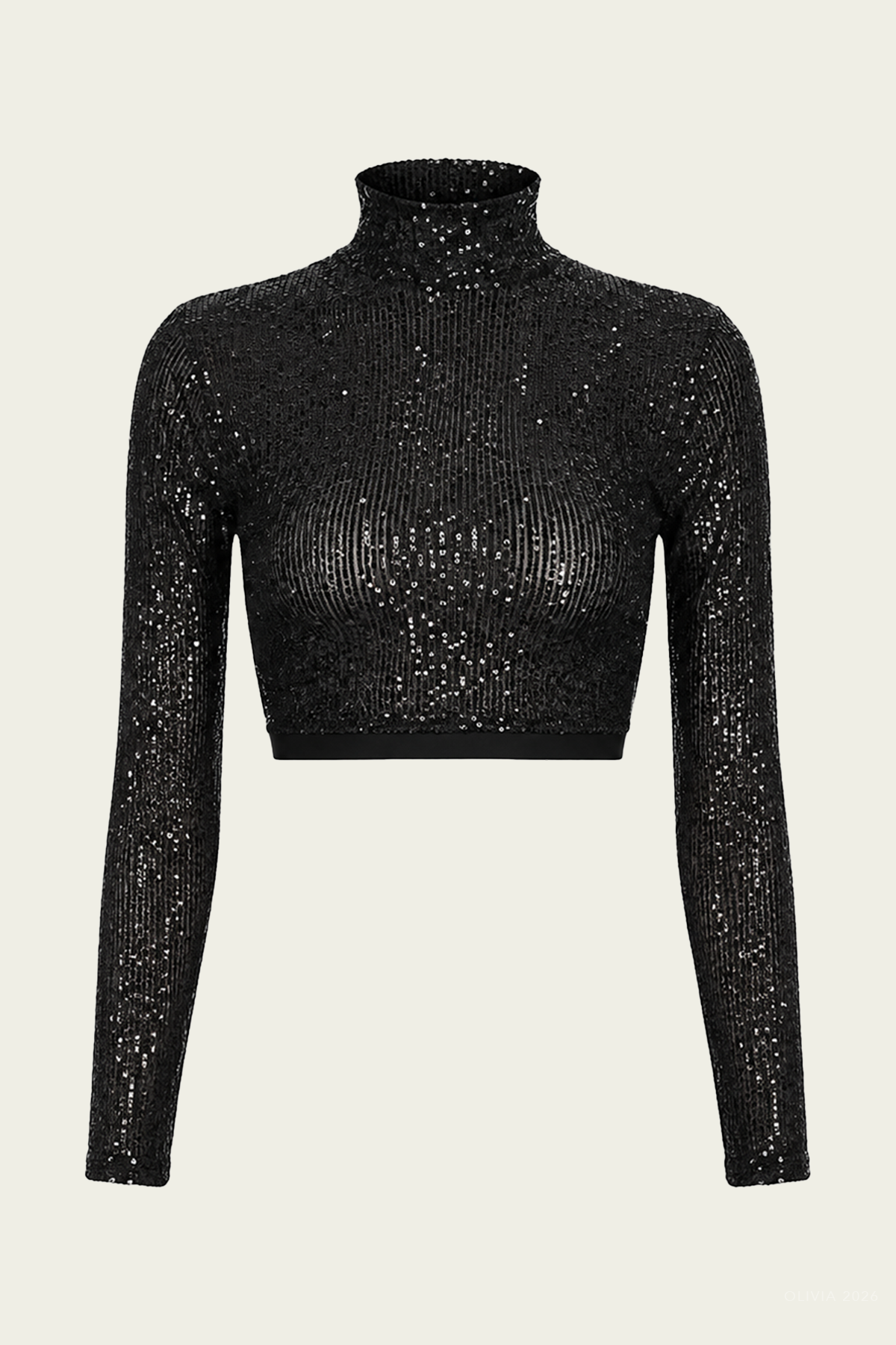 Sequin Cropped Long Sleeve Mock Neck in Black