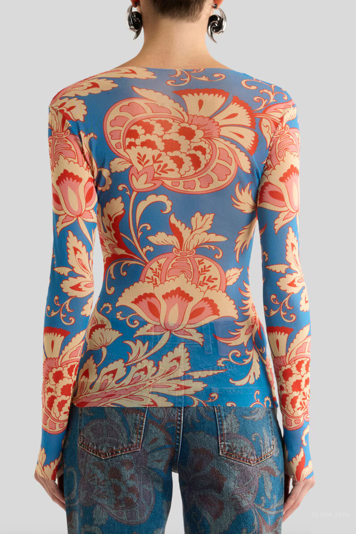 Floral Motif Stretch Tulle Top in Light Blue