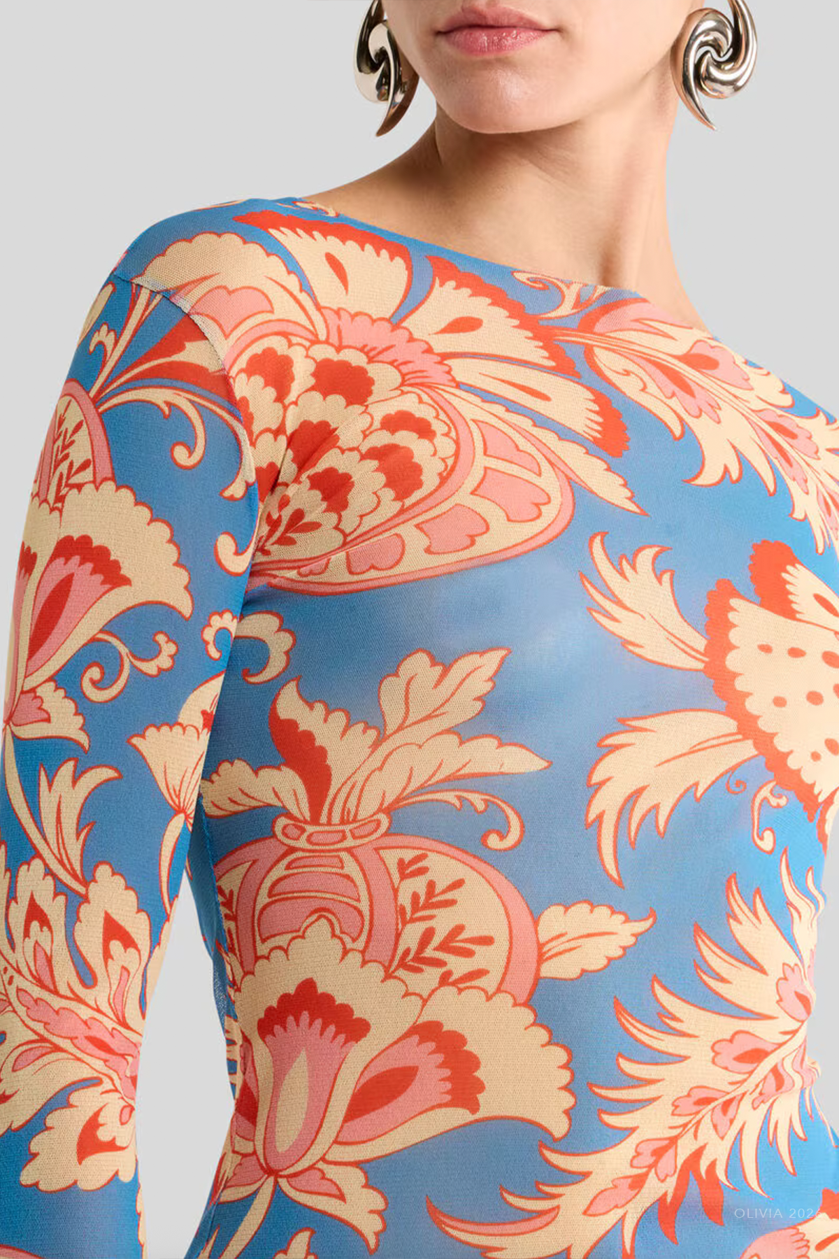 Floral Motif Stretch Tulle Top in Light Blue