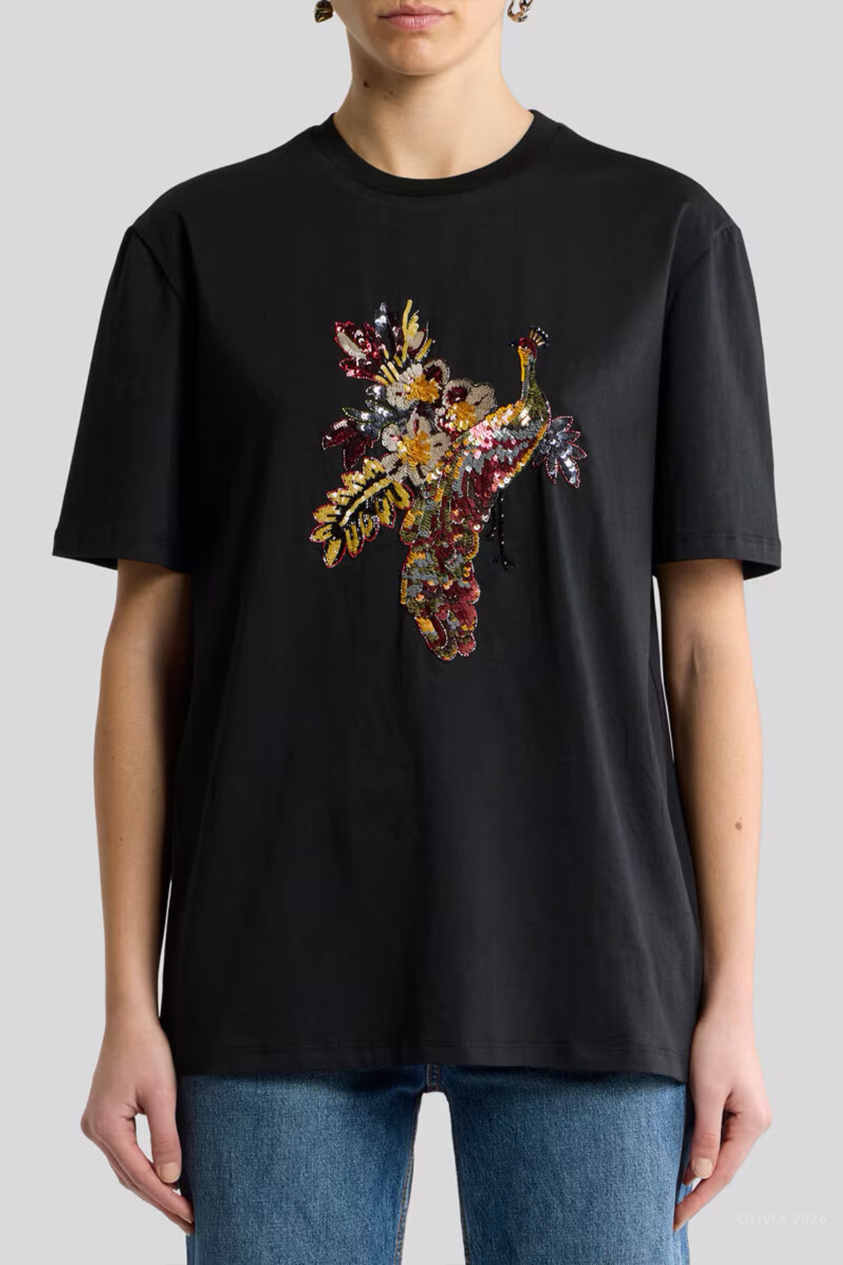 Peacock Embellishment Cotton T-Shirt in Black