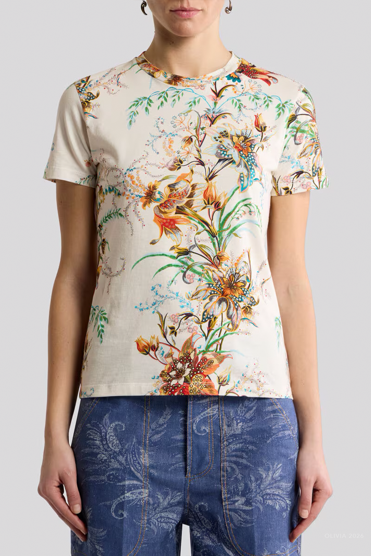Floral-Print Cotton T-Shirt in Ecru Multi