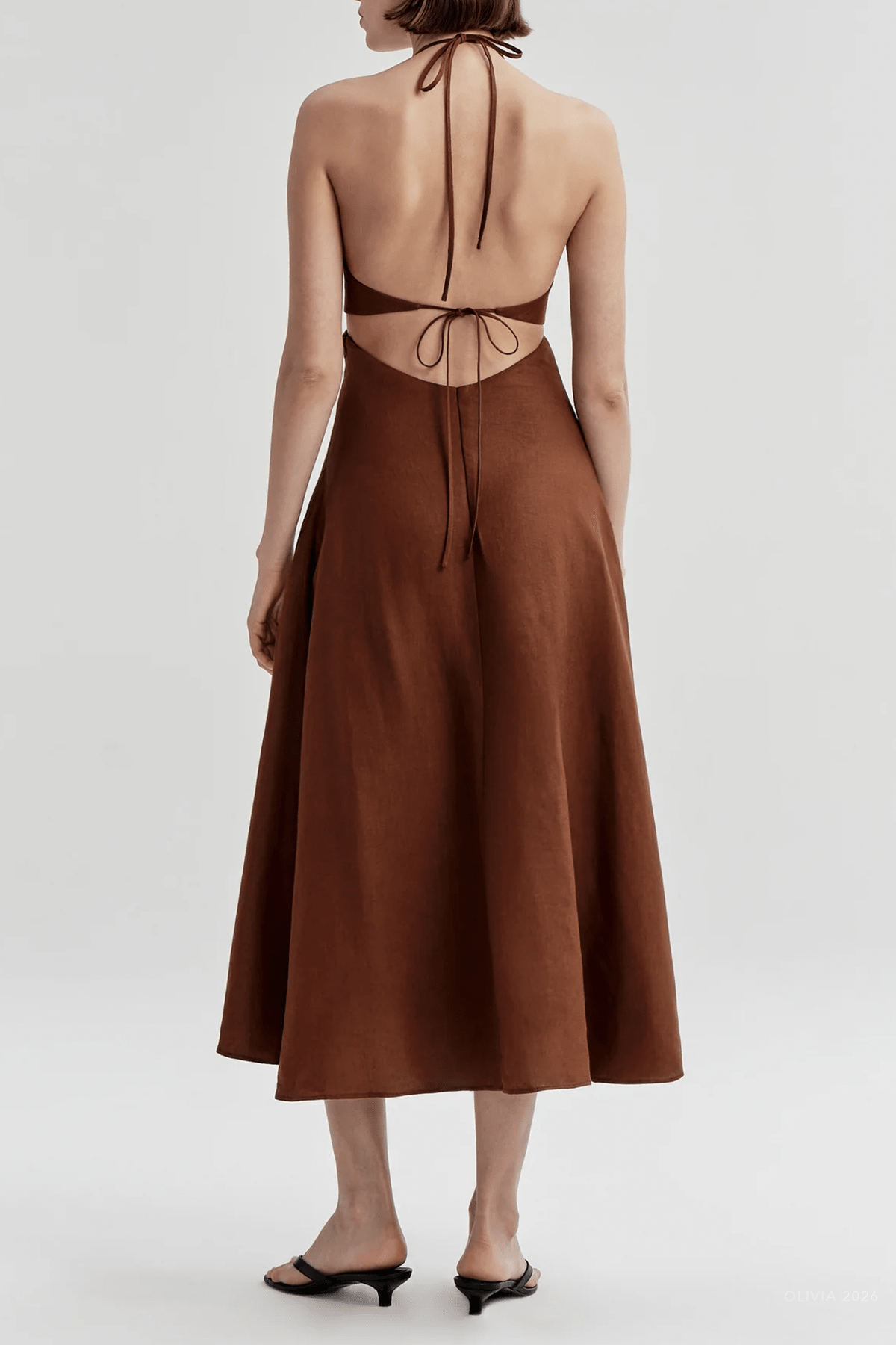 Evelena Tie-Back Linen Midi Dress in Brunette - shop-olivia.com