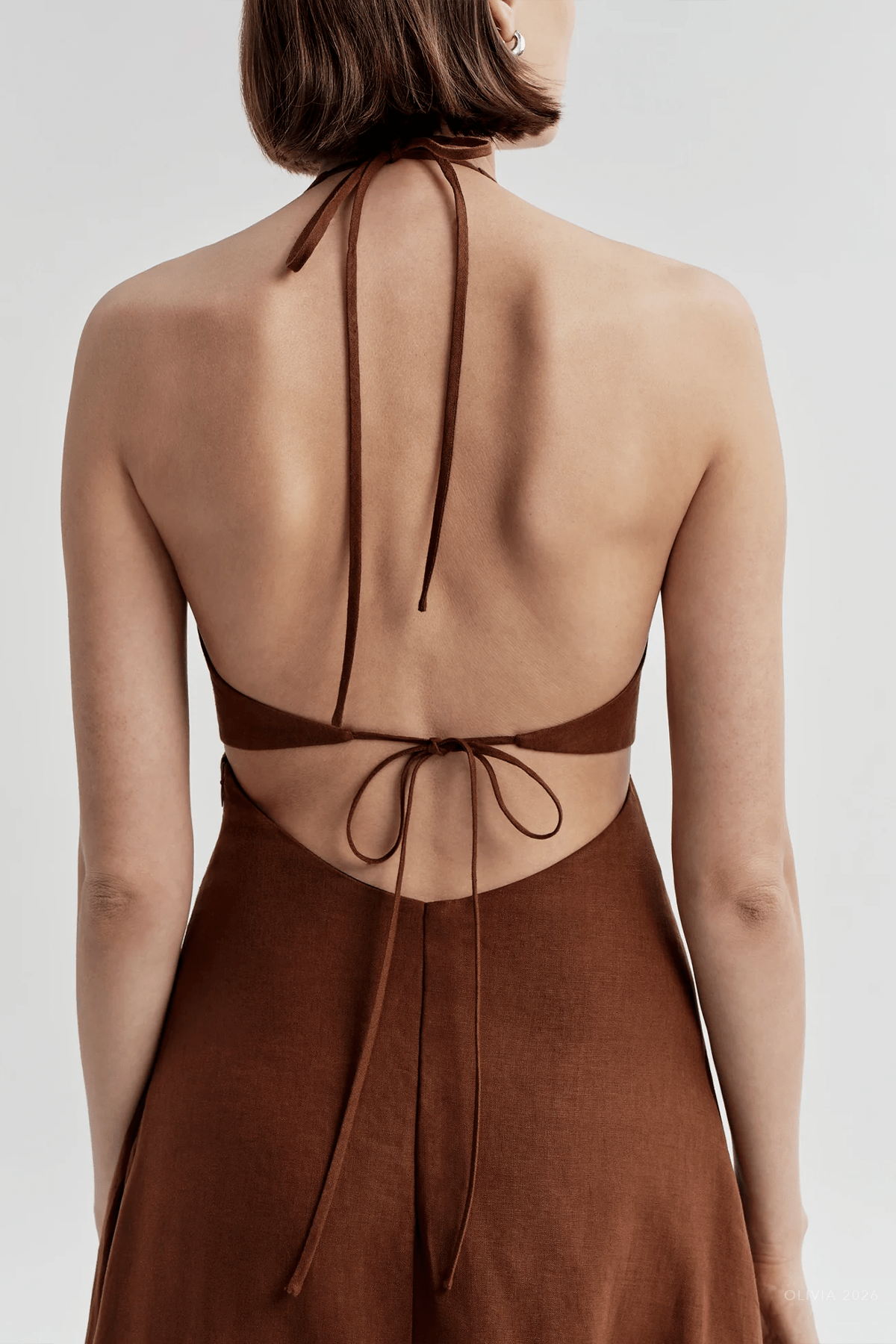 Evelena Tie-Back Linen Midi Dress in Brunette - shop-olivia.com