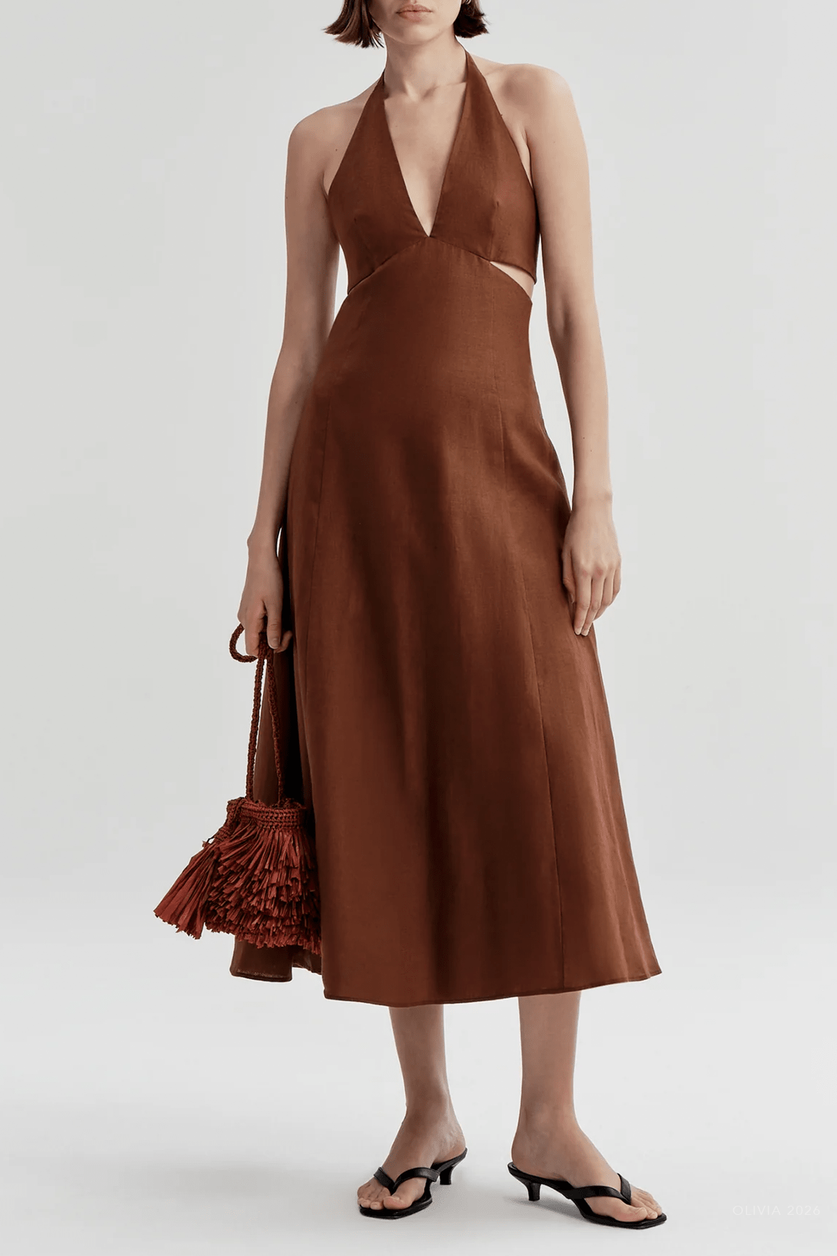 Evelena Tie-Back Linen Midi Dress in Brunette - shop-olivia.com
