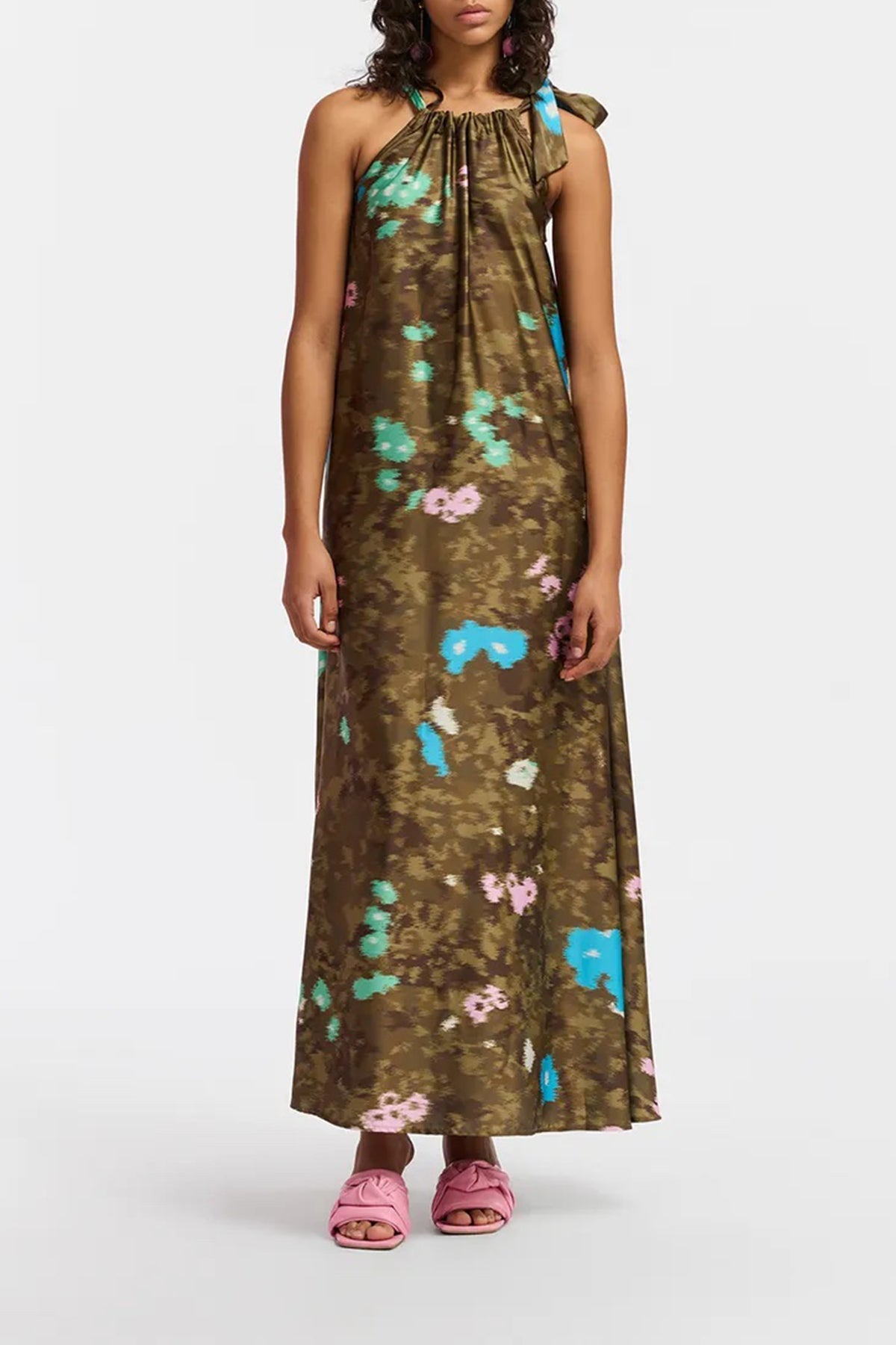 Famson Halter - Neck Maxi Dress in Khaki Floral - shop - olivia.com