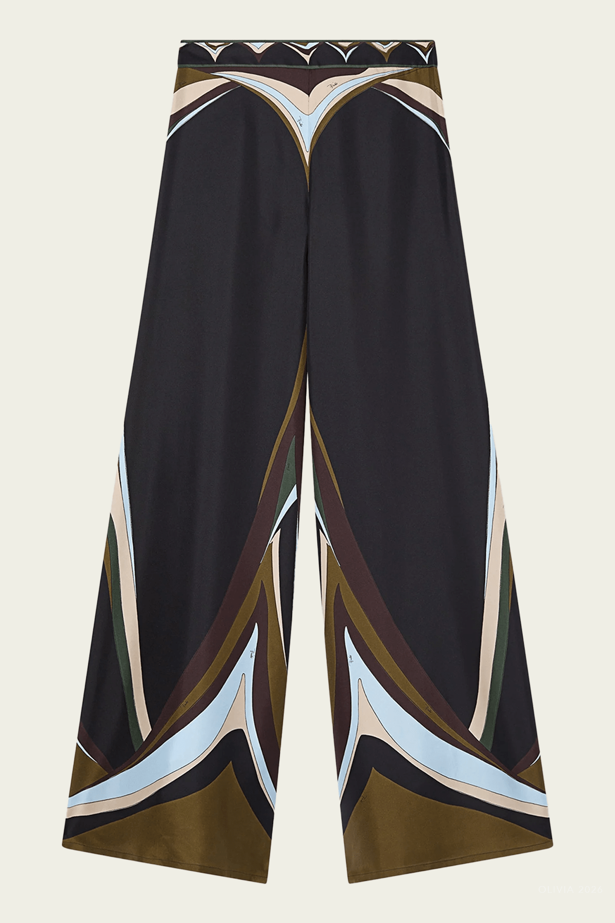 Fari-Print Wide-Leg Silk Trousers in Khaki Blue - shop-olivia.com