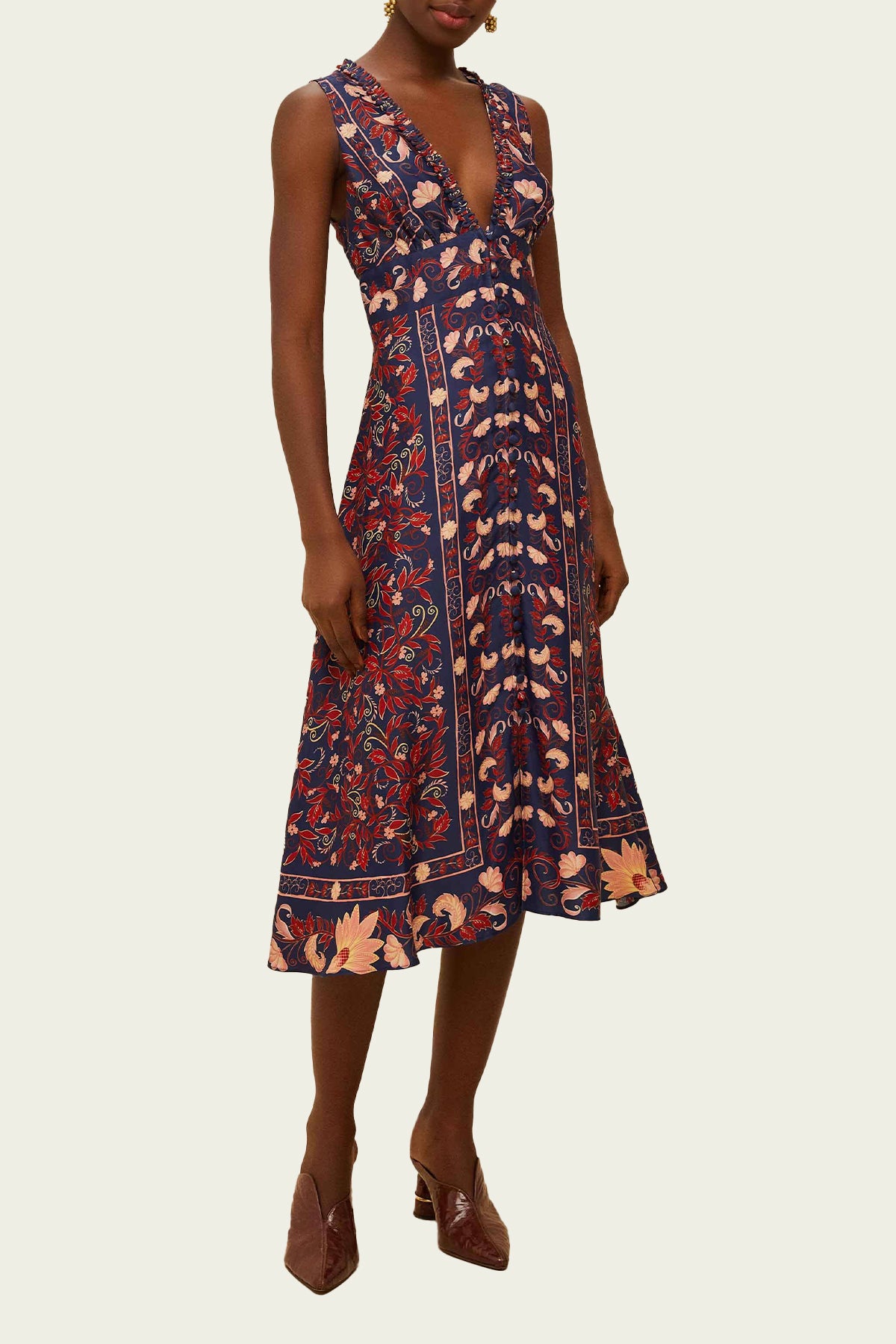 Boho Floral Scarf Navy Blue Midi Dress
