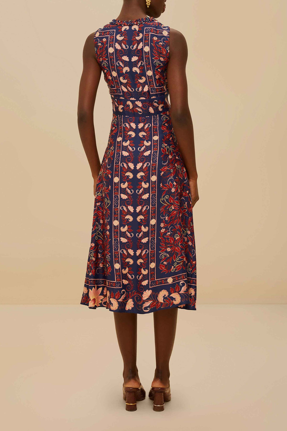 Boho Floral Scarf Navy Blue Midi Dress