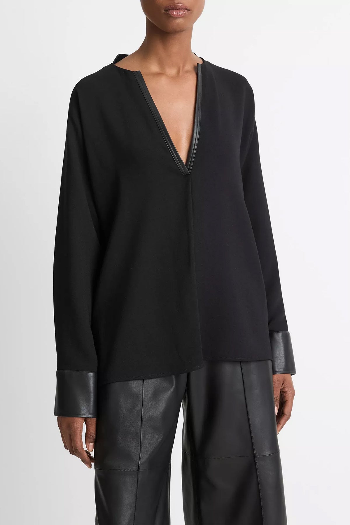 Faux Leather - Trim Dolman - Sleeve Blouse in Black - shop - olivia.com