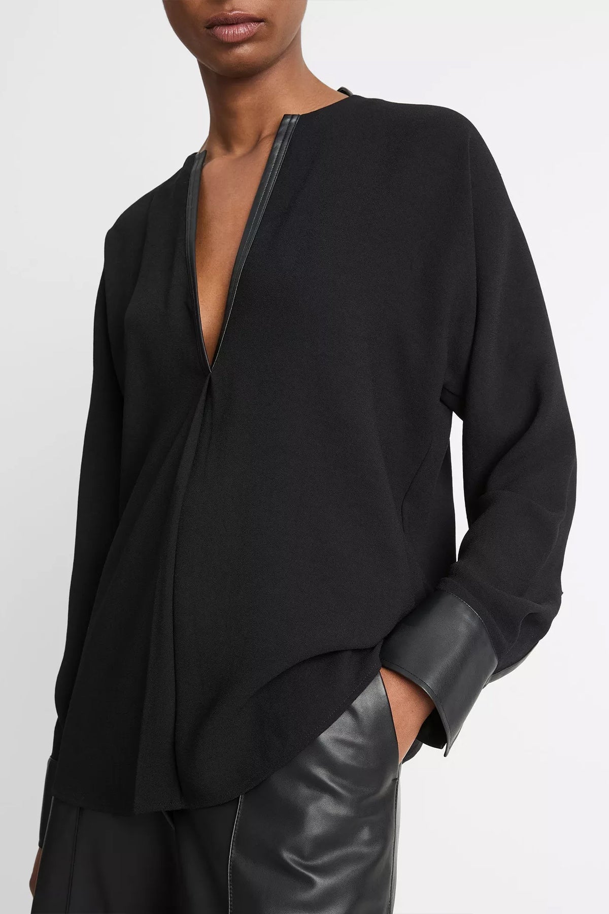 Faux Leather - Trim Dolman - Sleeve Blouse in Black - shop - olivia.com