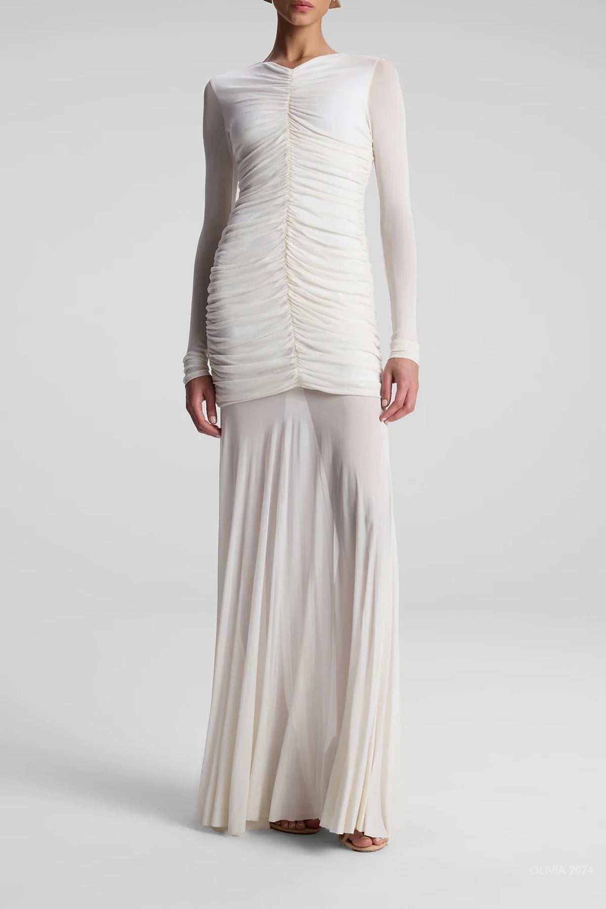 Fawn Ruched Mesh Maxi Dress in Off - White - shop - olivia.com