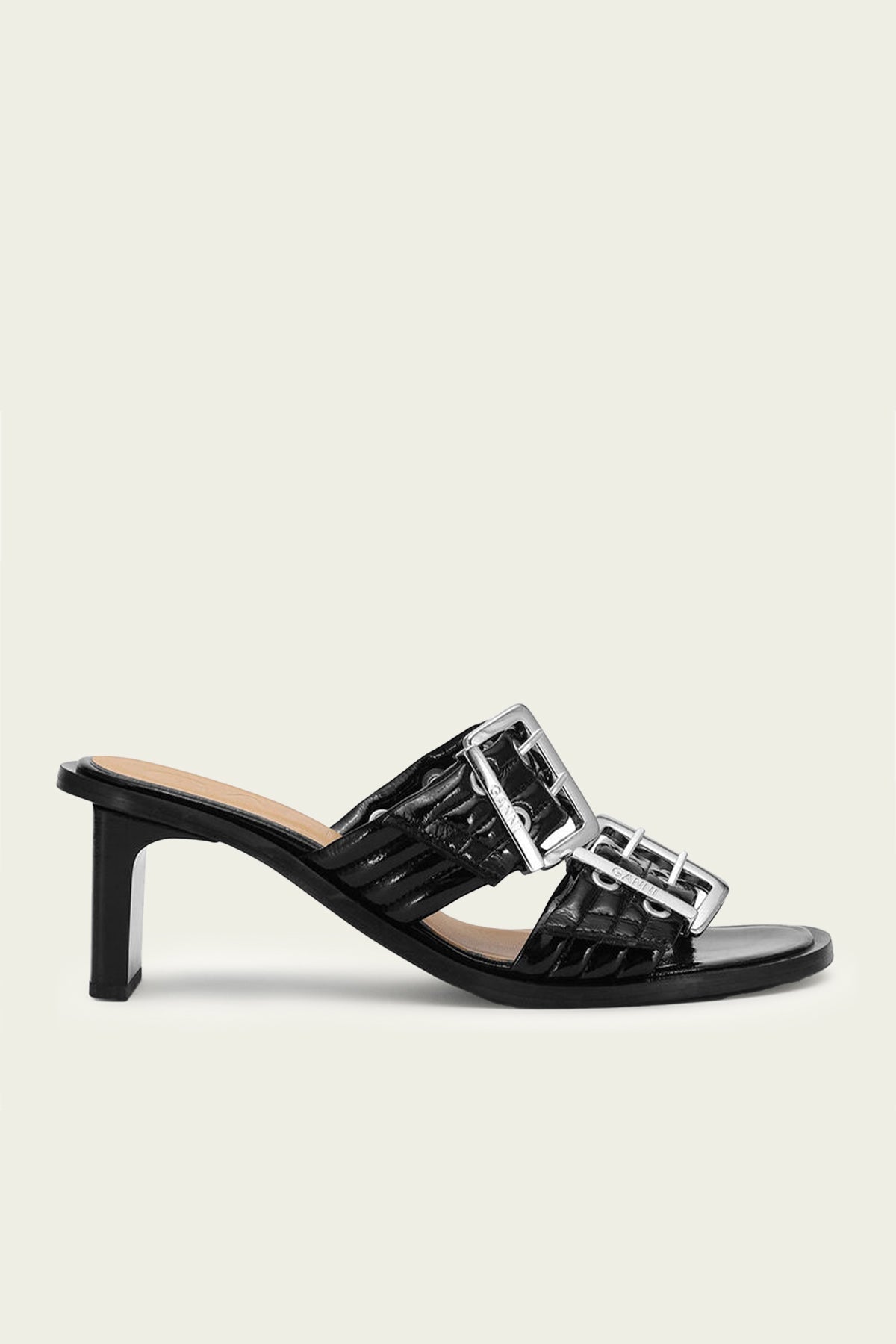 Feminine Buckle Heel Mule Sandal Naplack in Black - shop - olivia.com