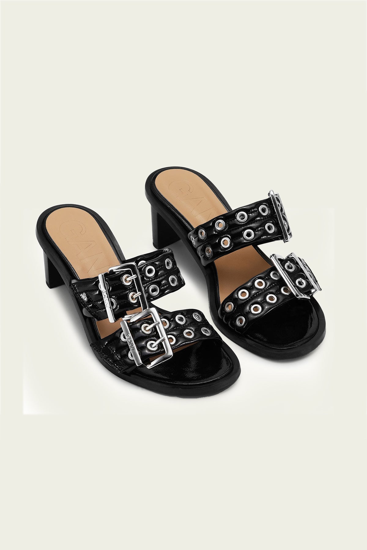 Feminine Buckle Heel Mule Sandal Naplack in Black - shop - olivia.com