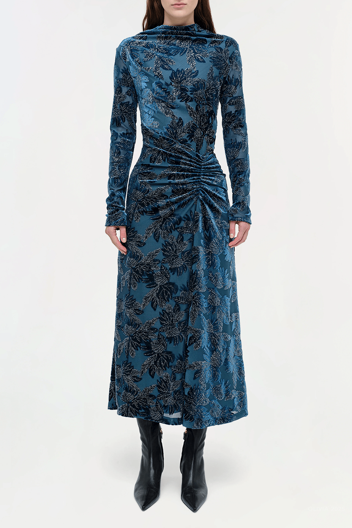 Ferrera Floral Velvet Midi Dress in Petrol - shop - olivia.com