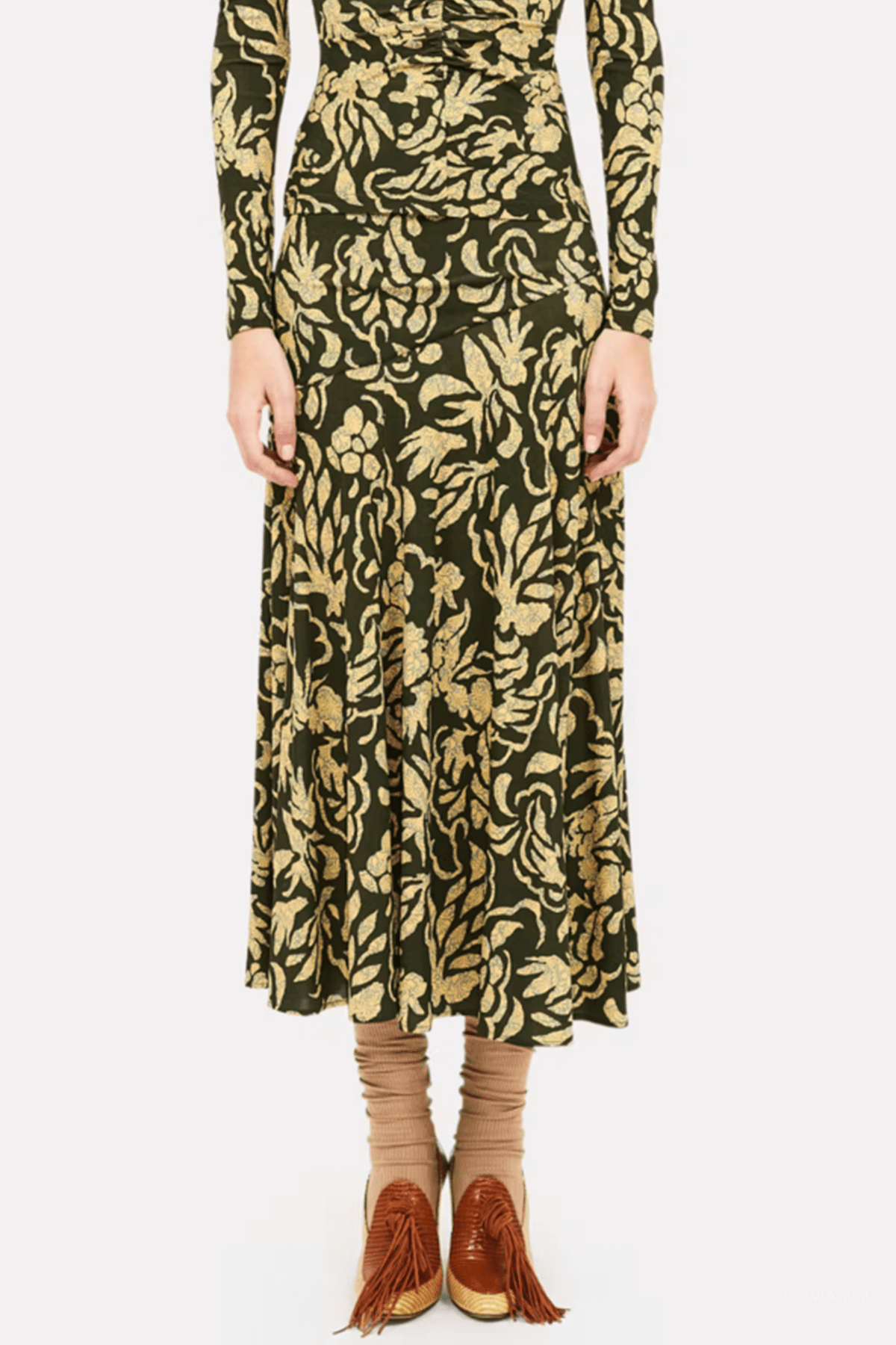 Fiona Jersey Skirt in Khaki Floral - shop-olivia.com