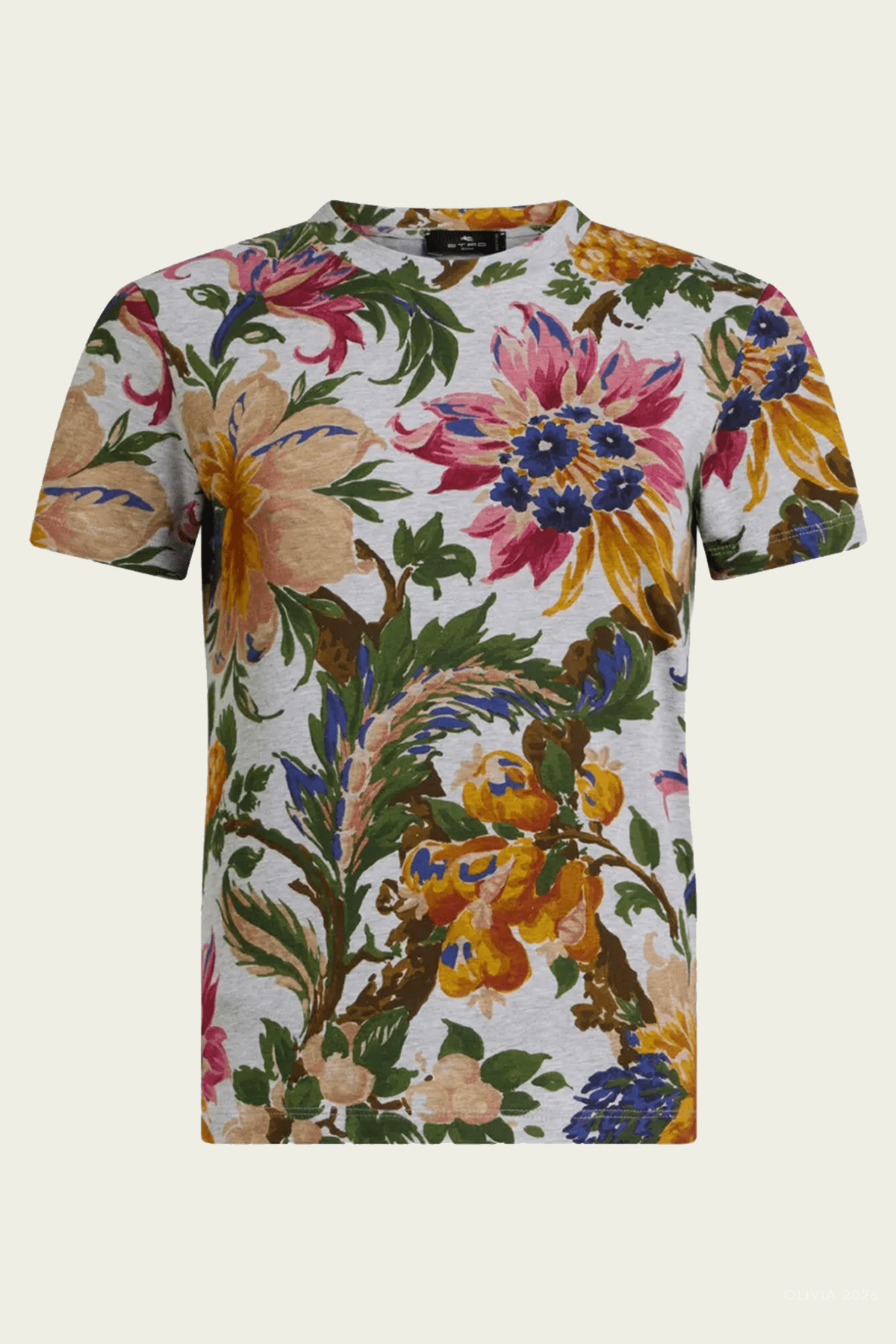 Floral Motif Cotton T-Shirt in Grey Multicolor - shop-olivia.com