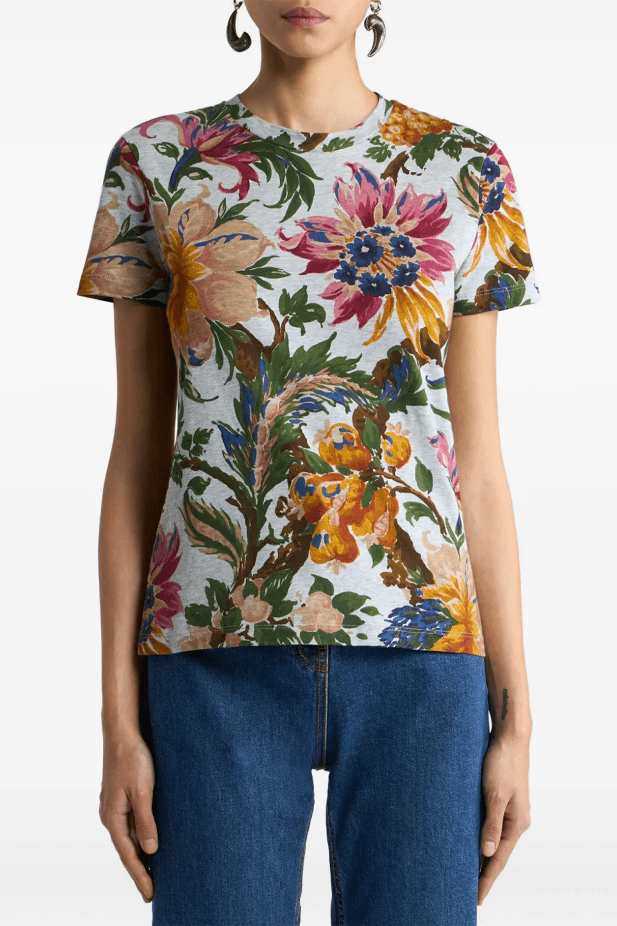 Floral Motif Cotton T-Shirt in Grey Multicolor - shop-olivia.com