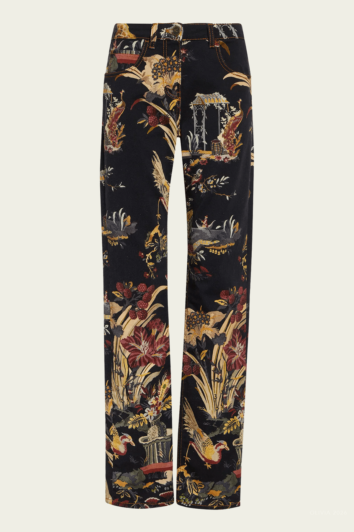 Floral Motif Stretch Jeans in Black Multicolor - shop-olivia.com