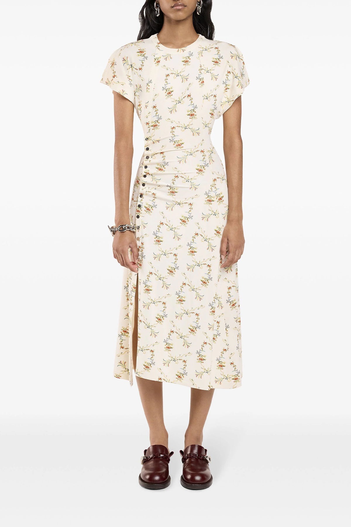 Floral - Print Ruched Midi Dress in Beige - shop - olivia.com