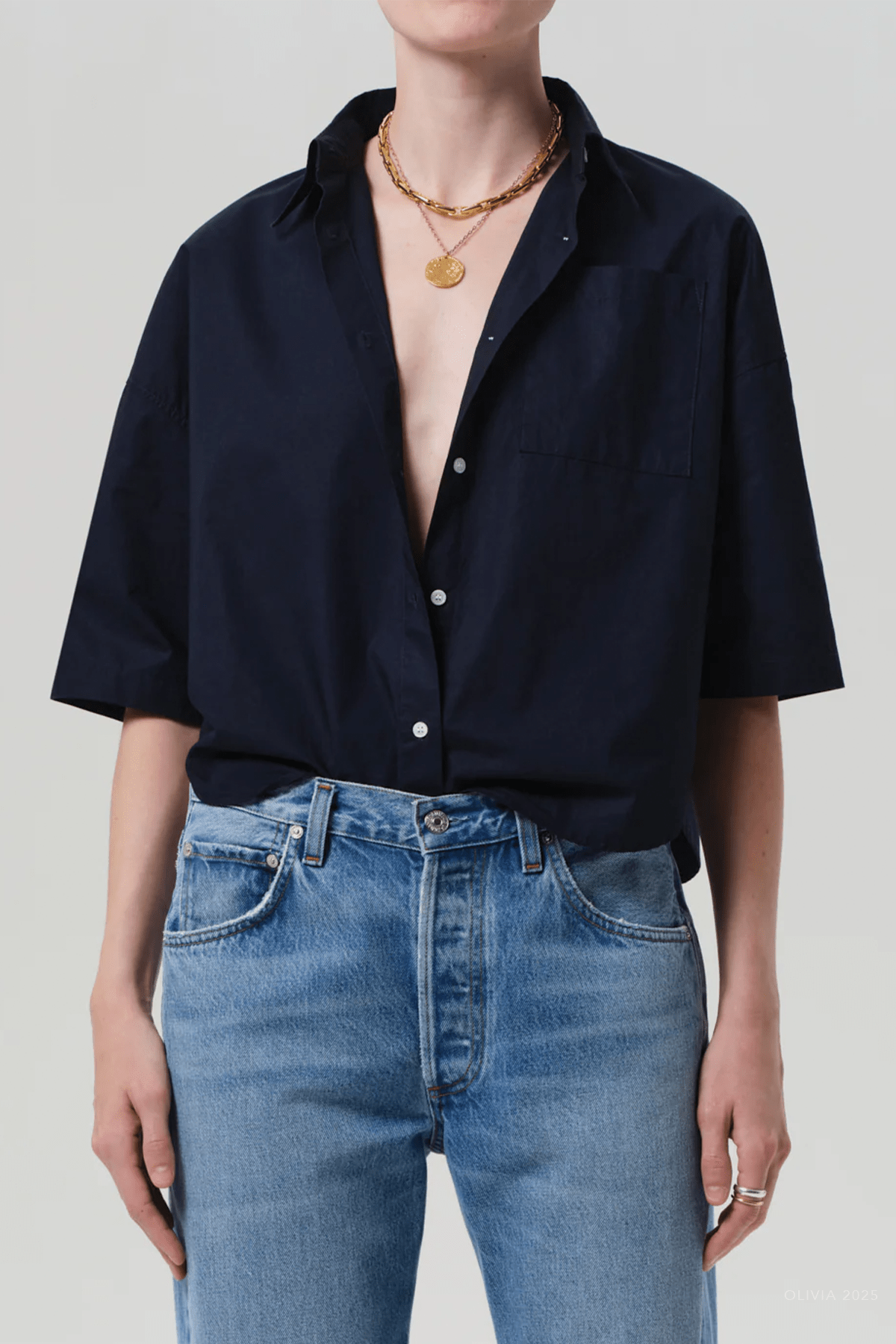 Frances Cropped Cape Button Up in Navy - shop - olivia.com